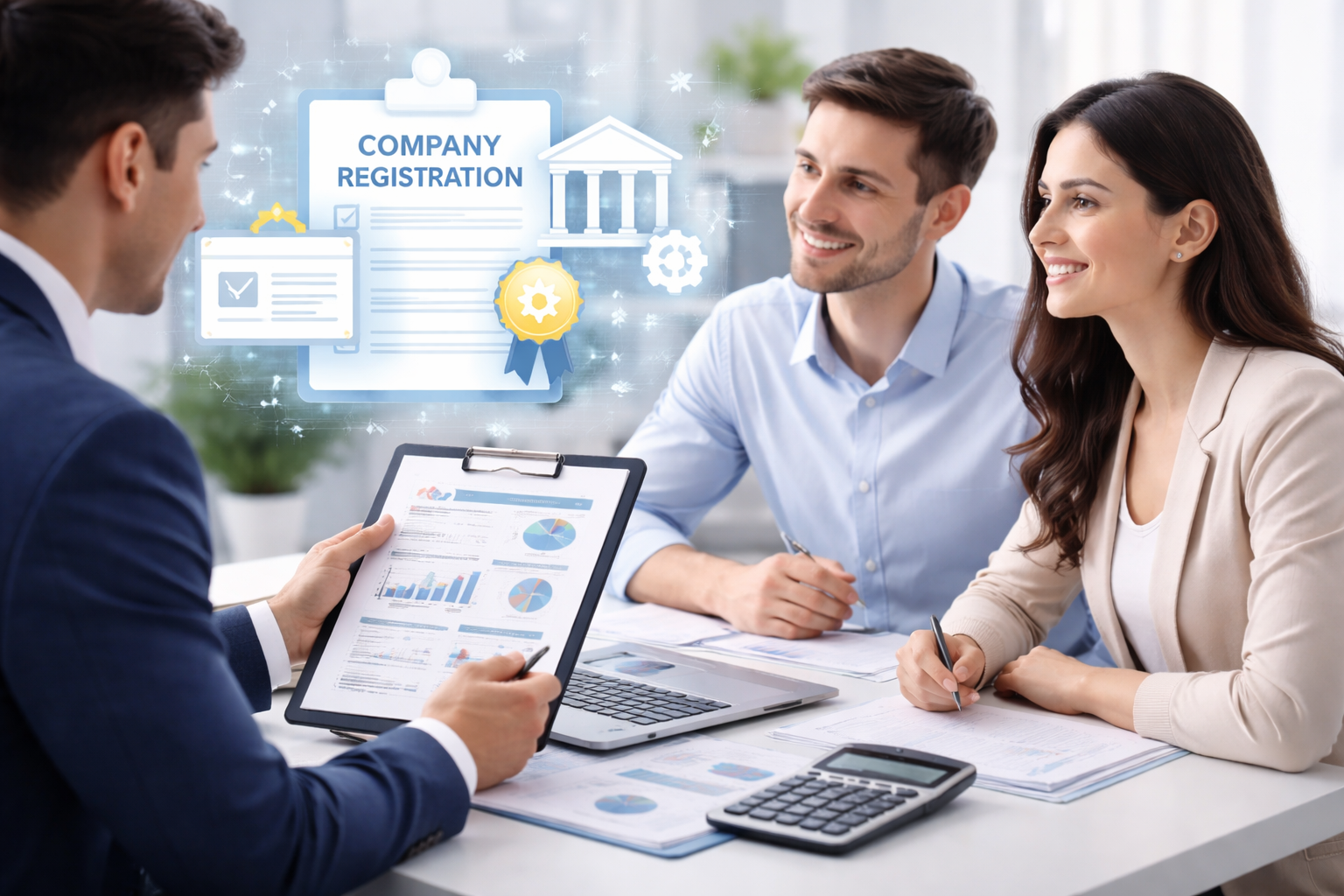 Business professionals reviewing registration documents (1)